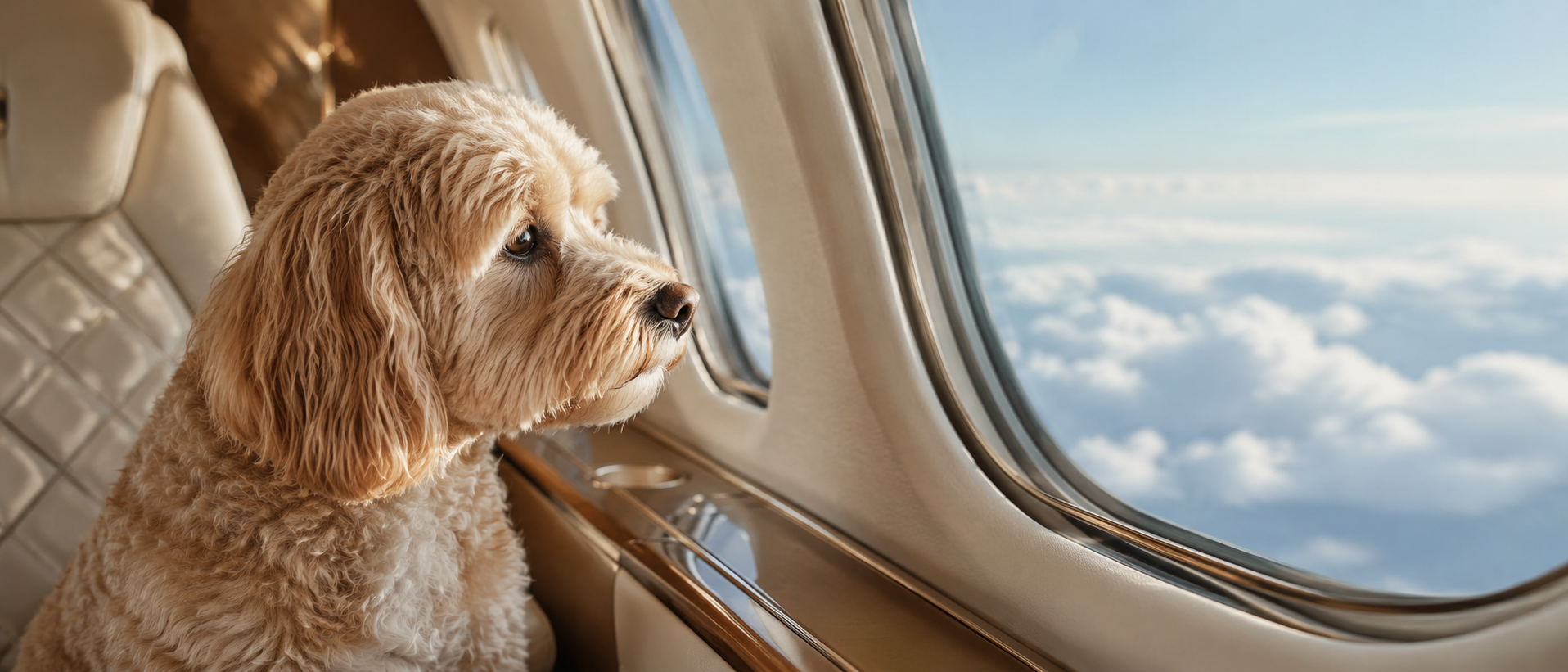 Dog looking out of a private jet window above the clouds