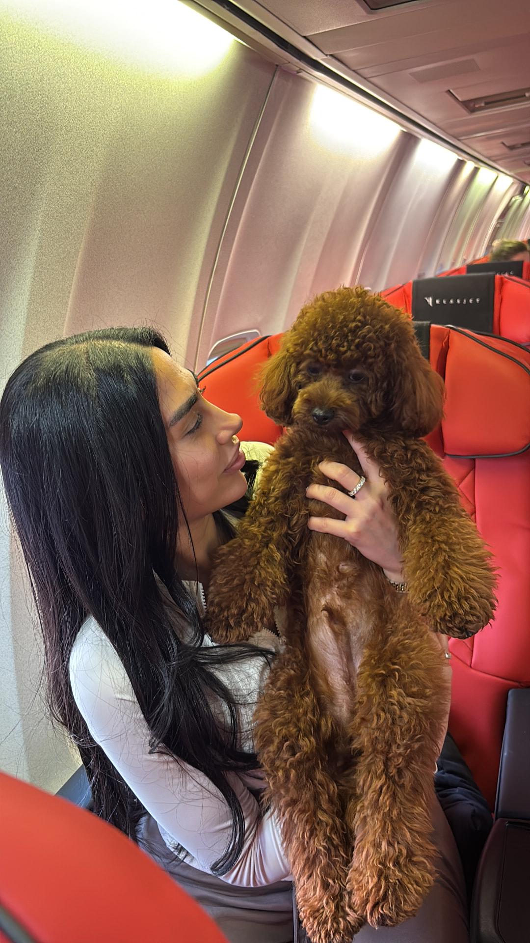Guest kissing her red poodle onboard